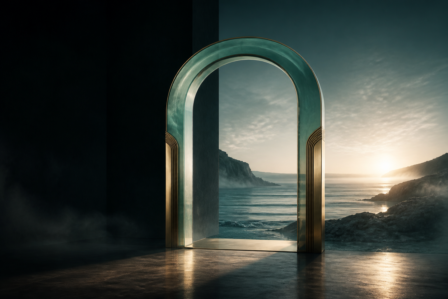 A luminous teal-and-gold portal standing on a dark shore, opening onto a calm ocean at sunrise.